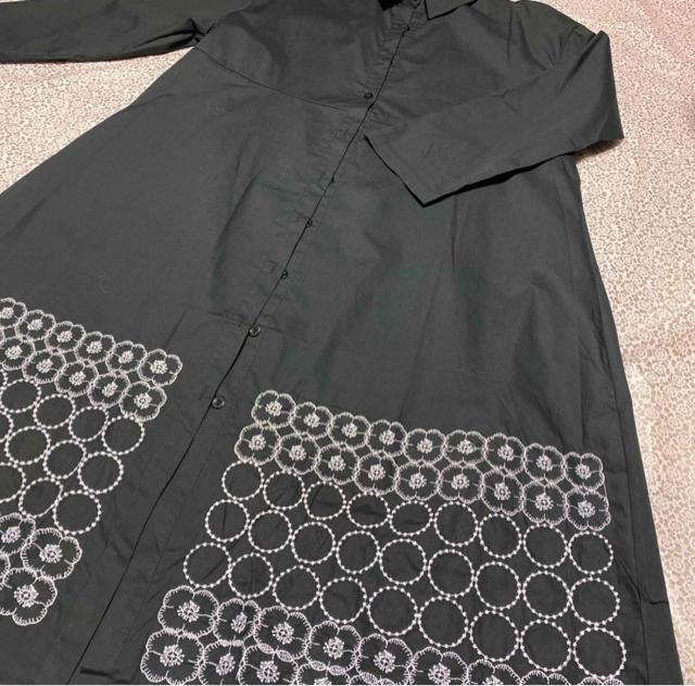 前開き シャツワンピース 刺繍花柄&ドット柄 ブラック 大きいサイズ < 女性ファッション 前開き シャツワンピース 刺繍花柄&ドット柄 ブラック 大きいサイズ < 女性ファッションの