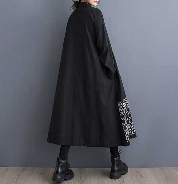 前開き シャツワンピース 刺繍花柄&ドット柄 ブラック 大きいサイズ < 女性ファッション 前開き シャツワンピース 刺繍花柄&ドット柄 ブラック 大きいサイズ < 女性ファッションの