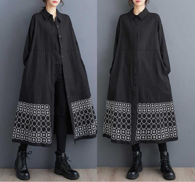 前開き シャツワンピース 刺繍花柄&ドット柄 ブラック 大きいサイズ < 女性ファッション 前開き シャツワンピース 刺繍花柄&ドット柄 ブラック 大きいサイズ < 女性ファッションの