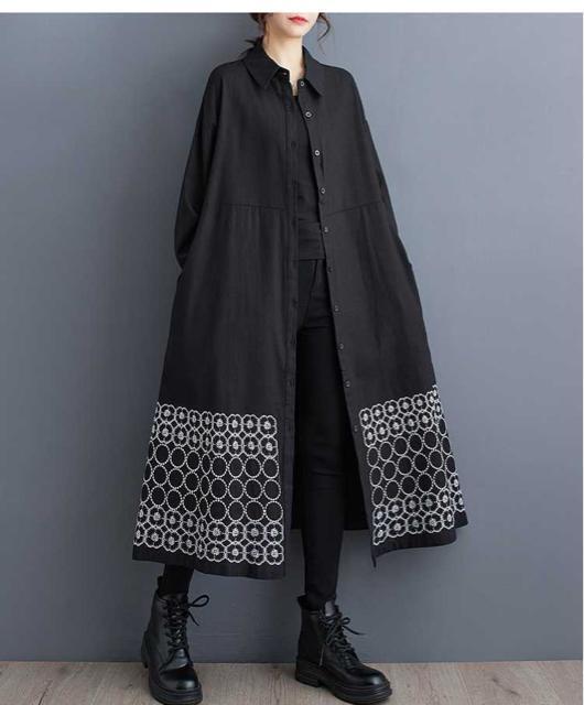 前開き シャツワンピース 刺繍花柄&ドット柄 ブラック 大きいサイズ < 女性ファッション 前開き シャツワンピース 刺繍花柄&ドット柄 ブラック 大きいサイズ < 女性ファッションの