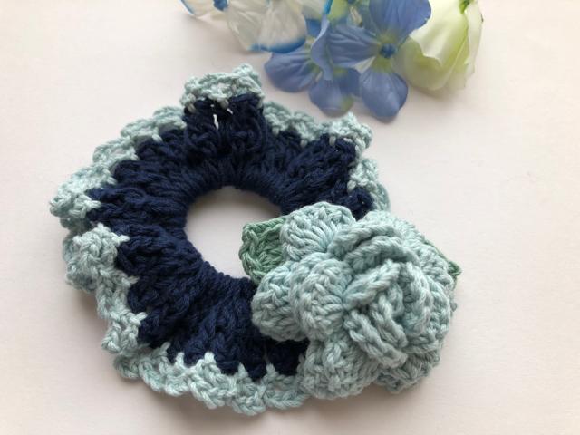 ハンドメイド シュシュ ブルーの薔薇♪ コットン ガーリー < 女性ファッション  ハンドメイド シュシュ ブルーの薔薇♪ コットン ガーリー  < 女性ファッションの