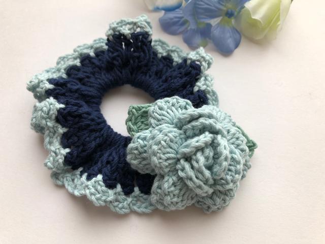 ハンドメイド シュシュ ブルーの薔薇♪ コットン ガーリー < 女性ファッション  ハンドメイド シュシュ ブルーの薔薇♪ コットン ガーリー < 女性ファッションの