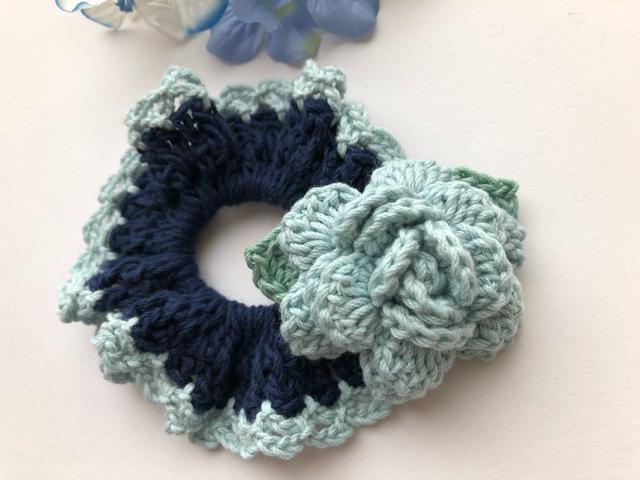 ハンドメイド シュシュ ブルーの薔薇♪ コットン ガーリー < 女性ファッション  ハンドメイド シュシュ ブルーの薔薇♪ コットン ガーリー < 女性ファッションの