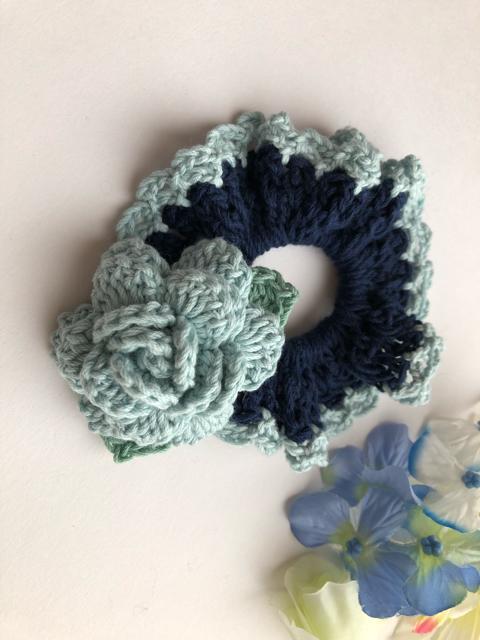 ハンドメイド シュシュ ブルーの薔薇♪ コットン ガーリー < 女性ファッション  ハンドメイド シュシュ ブルーの薔薇♪ コットン ガーリー < 女性ファッションの