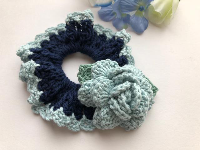 ハンドメイド シュシュ ブルーの薔薇♪ コットン ガーリー < 女性ファッション  ハンドメイド シュシュ ブルーの薔薇♪ コットン ガーリー < 女性ファッションの