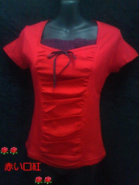 nobu・styleギャザー&レースデザインTシャツレッドM〜 < 女性ファッション  nobu・styleギャザー&レースデザインTシャツレッドM〜  < 女性ファッションの