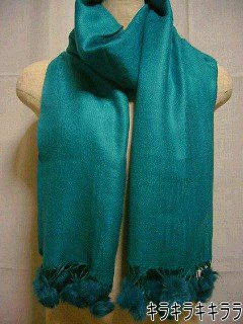 《New》ラビットファー★フリンジ*ポンポン付きストール【グリーン】 < 女性ファッション  《New》ラビットファー★フリンジ*ポンポン付きストール【グリーン】  < 女性ファッションの