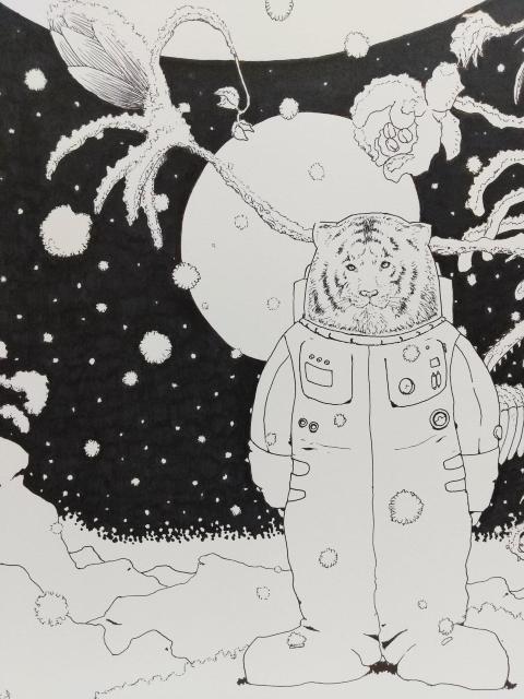 オリジナルイラスト 手描きイラスト ハンドメイド 粉星 インテリア 自作 原画 絵 モノクロ 白黒 宇宙 雪 虎 惑星 < アニメ/コミック/キャラクター  オリジナルイラスト 手描きイラスト ハンドメイド 粉星 インテリア 自作 原画 絵 モノクロ 白黒 宇宙 雪 虎 惑星 < アニメ/コミック/キャラクターの
