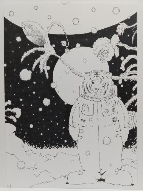 オリジナルイラスト 手描きイラスト ハンドメイド 粉星 インテリア 自作 原画 絵 モノクロ 白黒 宇宙 雪 虎 惑星 < アニメ/コミック/キャラクター  オリジナルイラスト 手描きイラスト ハンドメイド 粉星 インテリア 自作 原画 絵 モノクロ 白黒 宇宙 雪 虎 惑星 < アニメ/コミック/キャラクターの