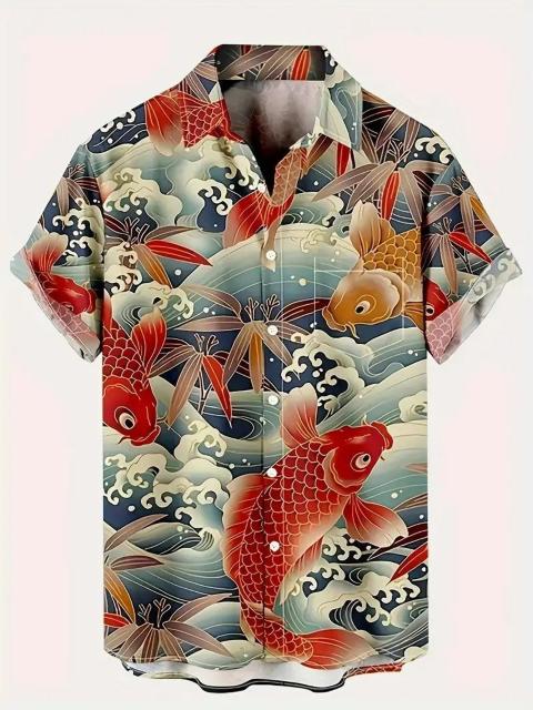 爆ヤス価格1290円★メンズ 日本の浮世絵 鯉と波プリント 半袖  ハワイアンシャツ USAサイズL(日本サイズXXL相当) < 男性ファッション  爆ヤス価格1290円★メンズ 日本の浮世絵 鯉と波プリント 半袖  ハワイアンシャツ USAサイズL(日本サイズXXL相当)  < 男性ファッションの