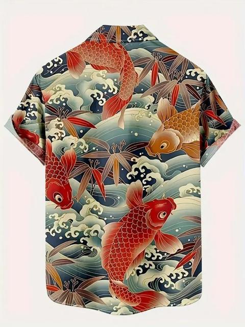 爆ヤス価格1290円★メンズ 日本の浮世絵 鯉と波プリント 半袖  ハワイアンシャツ USAサイズL(日本サイズXXL相当) < 男性ファッション  爆ヤス価格1290円★メンズ 日本の浮世絵 鯉と波プリント 半袖  ハワイアンシャツ USAサイズL(日本サイズXXL相当) < 男性ファッションの