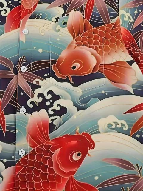 爆ヤス価格1290円★メンズ 日本の浮世絵 鯉と波プリント 半袖  ハワイアンシャツ USAサイズL(日本サイズXXL相当) < 男性ファッション  爆ヤス価格1290円★メンズ 日本の浮世絵 鯉と波プリント 半袖  ハワイアンシャツ USAサイズL(日本サイズXXL相当) < 男性ファッションの