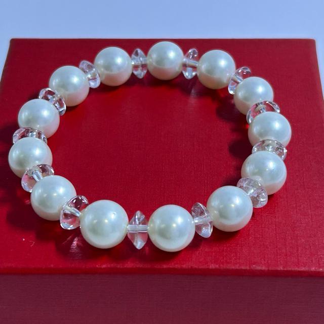 貝パール/ボタンカット水晶 ブレスレット 貝パール約10mm玉/内径約15.5cm ブレスレット < 女性アクセサリー/時計  貝パール/ボタンカット水晶 ブレスレット 貝パール約10mm玉/内径約15.5cm ブレスレット < 女性アクセサリー/時計の