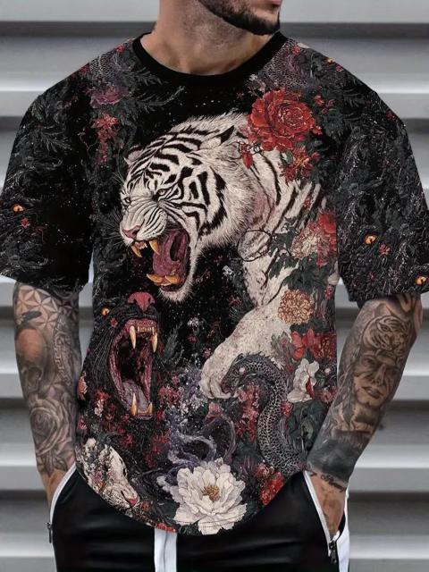 超お買い得1090円★メンズ タイガー&フローラルプリント 半袖Tシャツ - 鮮やかプリント USAサイズM(日本サイズXL相当) < 男性ファッション  超お買い得1090円★メンズ タイガー&フローラルプリント 半袖Tシャツ - 鮮やかプリント USAサイズM(日本サイズXL相当)  < 男性ファッションの