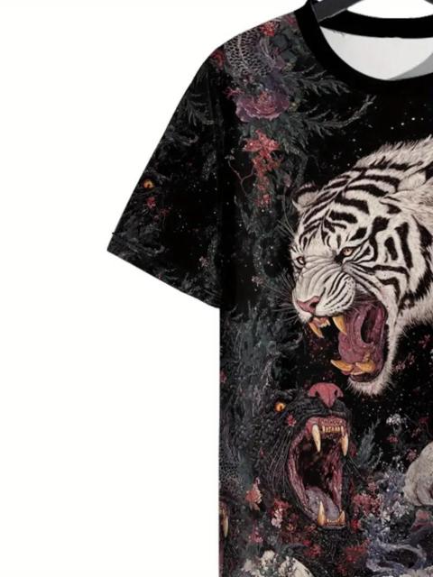 超お買い得1090円★メンズ タイガー&フローラルプリント 半袖Tシャツ - 鮮やかプリント USAサイズM(日本サイズXL相当) < 男性ファッション  超お買い得1090円★メンズ タイガー&フローラルプリント 半袖Tシャツ - 鮮やかプリント USAサイズM(日本サイズXL相当) < 男性ファッションの