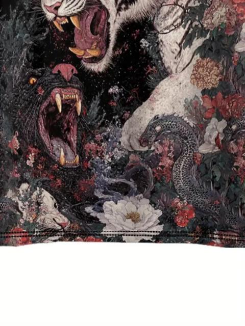 超お買い得1090円★メンズ タイガー&フローラルプリント 半袖Tシャツ - 鮮やかプリント USAサイズM(日本サイズXL相当) < 男性ファッション  超お買い得1090円★メンズ タイガー&フローラルプリント 半袖Tシャツ - 鮮やかプリント USAサイズM(日本サイズXL相当) < 男性ファッションの