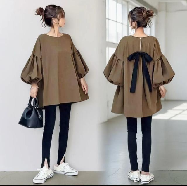 後ろリボン バルーンスリーブ チュニックブラウス レディース ゆったり 体型カバー 長袖 上品 ナチュラル 春 秋 冬 トップス < 女性ファッション 後ろリボン バルーンスリーブ チュニックブラウス レディース ゆったり 体型カバー 長袖 上品 ナチュラル 春 秋 冬 トップス < 女性ファッションの