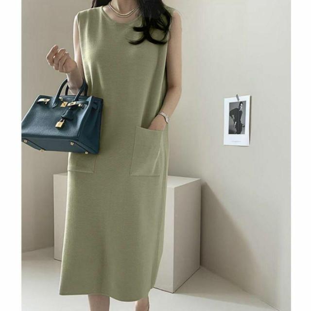 ★お値下げ中★ カーキ ノースリーブ 厚手 ニット ワンピース ポケット付き < 女性ファッション  ★お値下げ中★ カーキ ノースリーブ 厚手 ニット ワンピース ポケット付き < 女性ファッションの