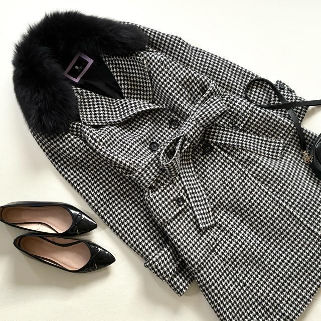 ◆上質◆大きいサイズ◆ブルーフォックス◆ロングウールコート◆千鳥格子◆白黒◆LL < 女性ファッション ◆上質◆大きいサイズ◆ブルーフォックス◆ロングウールコート◆千鳥格子◆白黒◆LL < 女性ファッションの