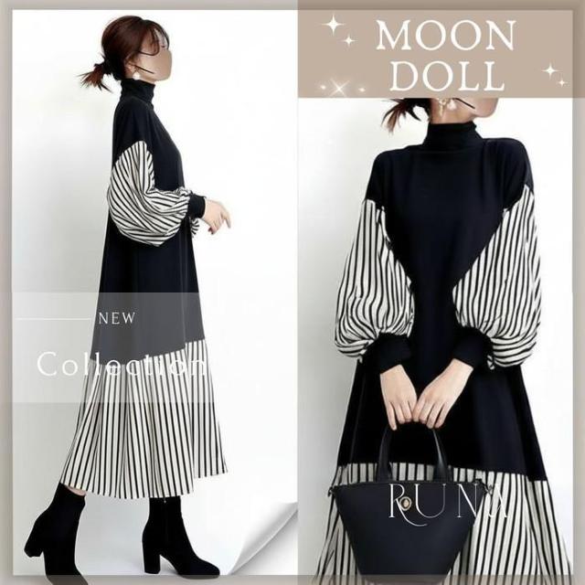 〜3L*ぽわん袖ストライプ切替スタンドネックワンピース < 女性ファッション 〜3L*ぽわん袖ストライプ切替スタンドネックワンピース < 女性ファッションの