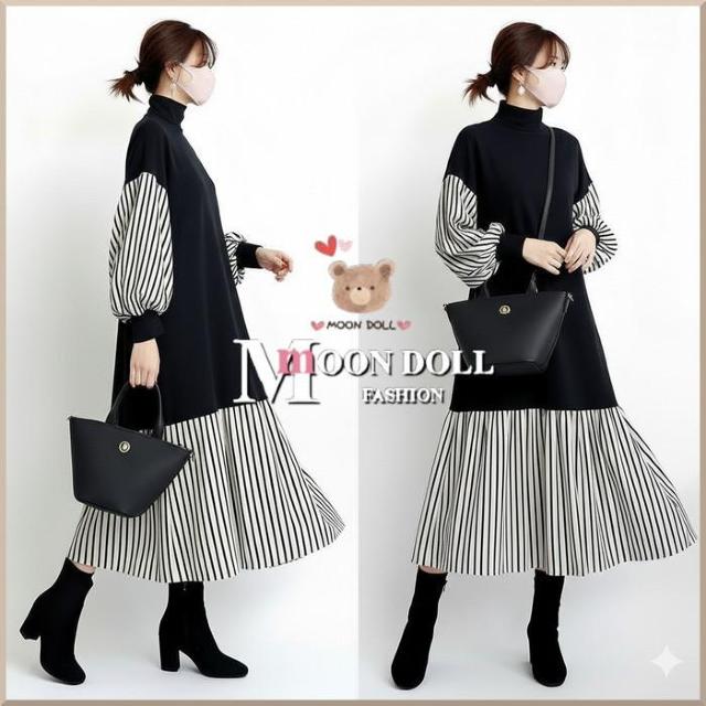 〜3L*ぽわん袖ストライプ切替スタンドネックワンピース < 女性ファッション 〜3L*ぽわん袖ストライプ切替スタンドネックワンピース < 女性ファッションの