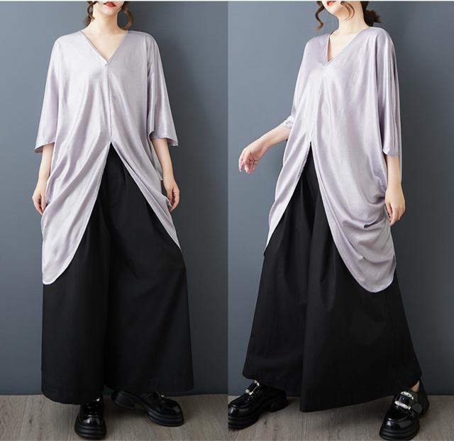 ドルマン ブラウス Vネック 光沢感 シルバー 大きいサイズ < 女性ファッション ドルマン ブラウス Vネック 光沢感 シルバー 大きいサイズ < 女性ファッションの