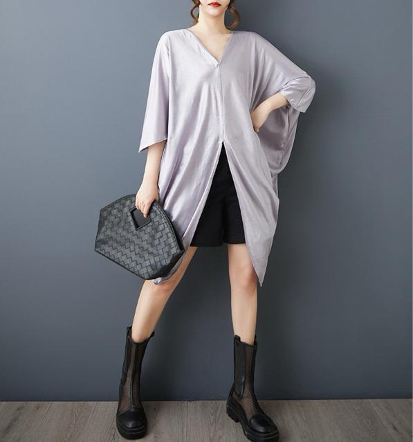 ドルマン ブラウス Vネック 光沢感 シルバー 大きいサイズ < 女性ファッション ドルマン ブラウス Vネック 光沢感 シルバー 大きいサイズ < 女性ファッションの