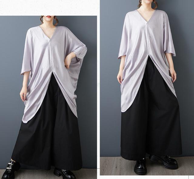 ドルマン ブラウス Vネック 光沢感 シルバー 大きいサイズ < 女性ファッション ドルマン ブラウス Vネック 光沢感 シルバー 大きいサイズ < 女性ファッションの