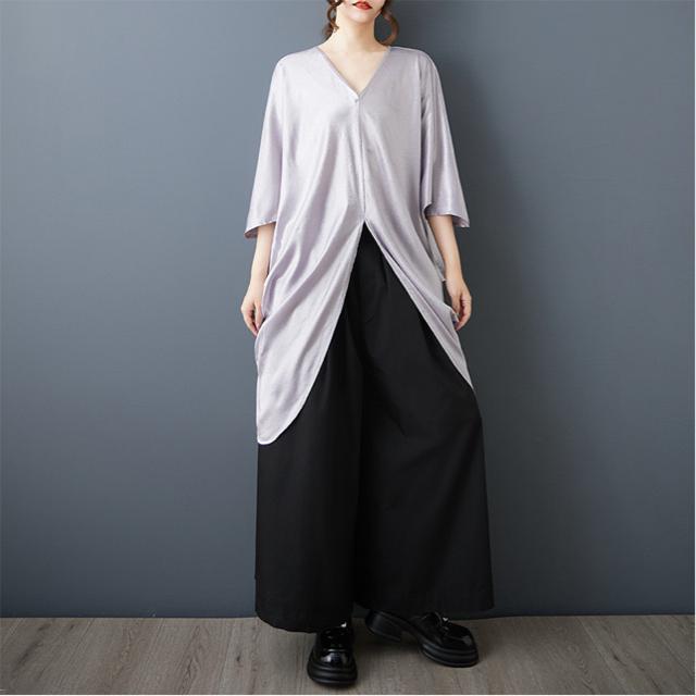 ドルマン ブラウス Vネック 光沢感 シルバー 大きいサイズ < 女性ファッション ドルマン ブラウス Vネック 光沢感 シルバー 大きいサイズ < 女性ファッションの