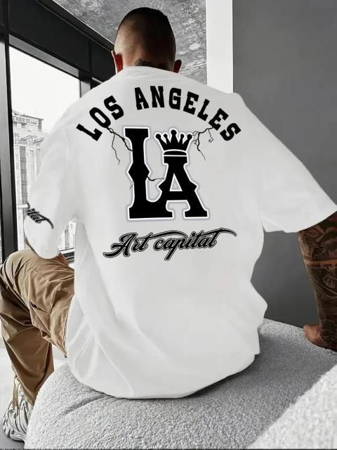爆ヤス価格1290円★ロサンゼルスの文字と大きなLAパターンプリントが施されたメンズTシャツ USAサイズM(日本サイズXL相当) < 男性ファッション  爆ヤス価格1290円★ロサンゼルスの文字と大きなLAパターンプリントが施されたメンズTシャツ USAサイズM(日本サイズXL相当) < 男性ファッションの