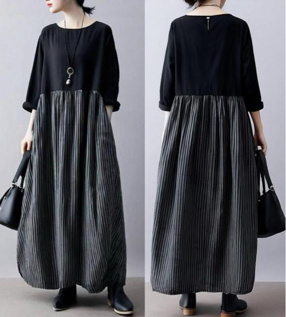 ロング丈 フレア ストライプ柄切り替え ワンピース 長袖 大きいサイズ < 女性ファッション ロング丈 フレア ストライプ柄切り替え ワンピース 長袖 大きいサイズ < 女性ファッションの