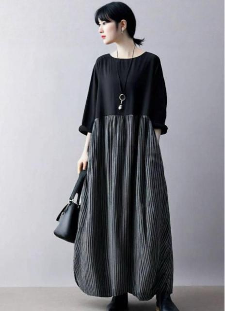 ロング丈 フレア ストライプ柄切り替え ワンピース 長袖 大きいサイズ < 女性ファッション ロング丈 フレア ストライプ柄切り替え ワンピース 長袖 大きいサイズ < 女性ファッションの