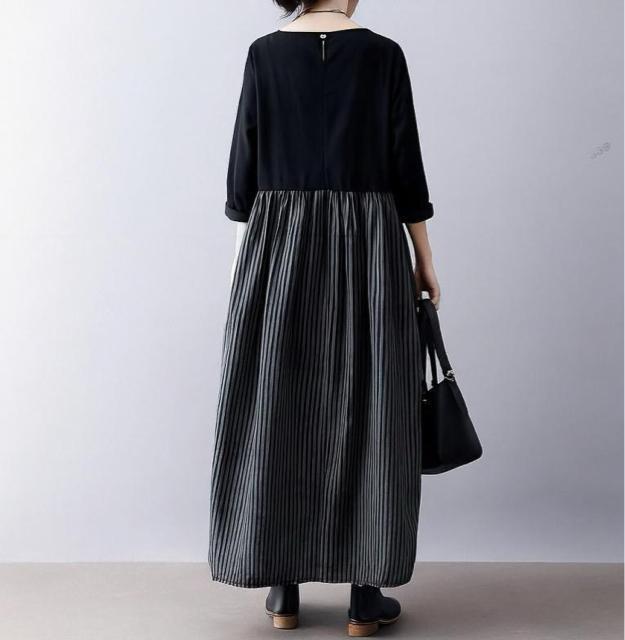 ロング丈 フレア ストライプ柄切り替え ワンピース 長袖 大きいサイズ < 女性ファッション ロング丈 フレア ストライプ柄切り替え ワンピース 長袖 大きいサイズ < 女性ファッションの