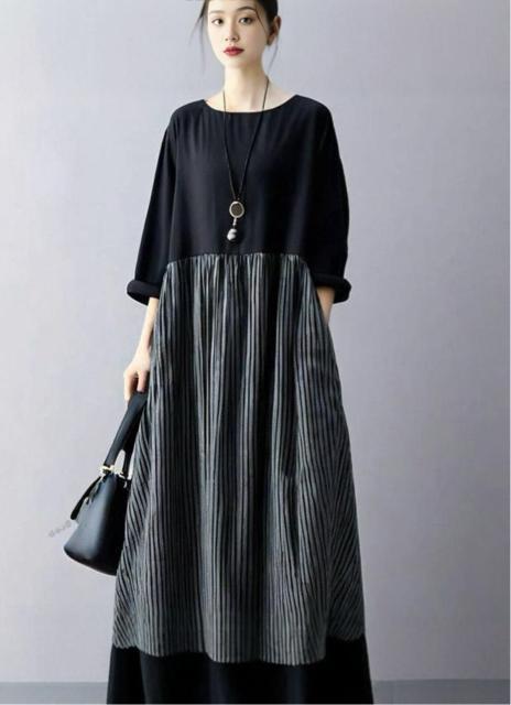 ロング丈 フレア ストライプ柄切り替え ワンピース 長袖 大きいサイズ < 女性ファッション ロング丈 フレア ストライプ柄切り替え ワンピース 長袖 大きいサイズ < 女性ファッションの