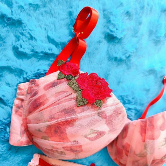 透け感オーガンジーレースがSexy。。F80×L。。薔薇柄×ローズワッペン付ブラジャー&ショーツセット。グラマー大きいサイズピンク < 女性ファッション  透け感オーガンジーレースがSexy。。F80×L。。薔薇柄×ローズワッペン付ブラジャー&ショーツセット。グラマー大きいサイズピンク < 女性ファッションの