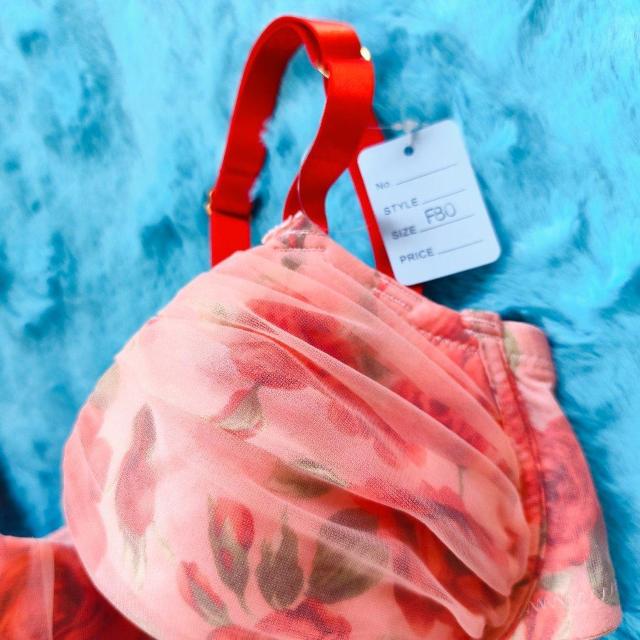 透け感オーガンジーレースがSexy。。F80×L。。薔薇柄×ローズワッペン付ブラジャー&ショーツセット。グラマー大きいサイズピンク < 女性ファッション  透け感オーガンジーレースがSexy。。F80×L。。薔薇柄×ローズワッペン付ブラジャー&ショーツセット。グラマー大きいサイズピンク < 女性ファッションの