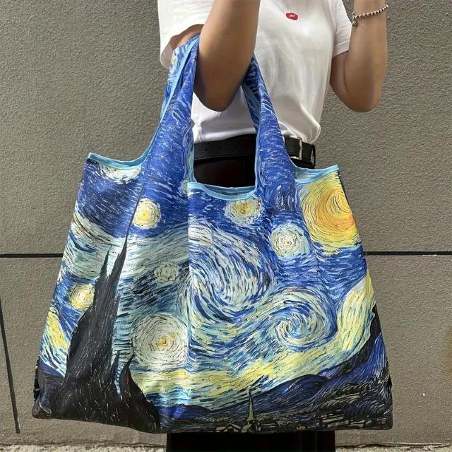 超お買い得490円★ヴァン・ゴッホの星月夜プリント 折りたたみ式再利用可能なグロサリートートバッグ < 男性ファッション  超お買い得490円★ヴァン・ゴッホの星月夜プリント 折りたたみ式再利用可能なグロサリートートバッグ < 男性ファッションの