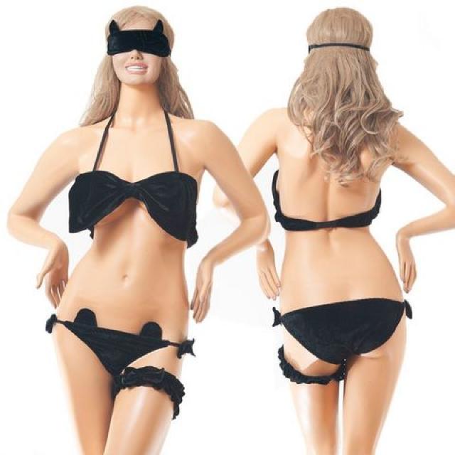 ふわふわ生地のラブリーキャットランジェリー・4点セット 黒 < 女性ファッション  ふわふわ生地のラブリーキャットランジェリー・4点セット 黒 < 女性ファッションの