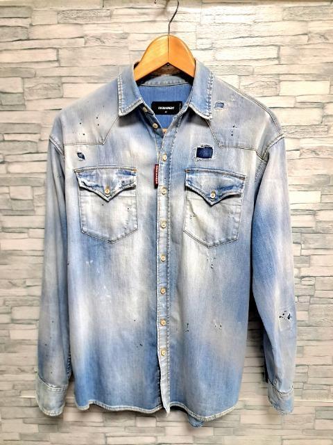 ☆DSQUARED2 ディースクエアード ロゴ ダメージ加工 デニムシャツ 長袖シャツ/メンズ/42☆新作モデル < ブランド ☆DSQUARED2 ディースクエアード ロゴ ダメージ加工 デニムシャツ 長袖シャツ/メンズ/42☆新作モデル < ブランドの