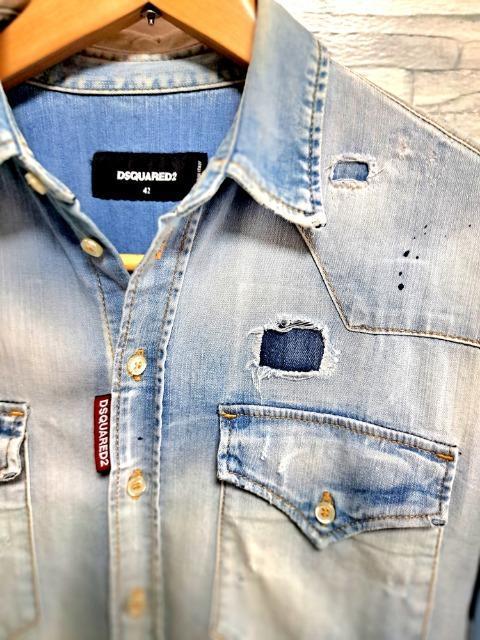 ☆DSQUARED2 ディースクエアード ロゴ ダメージ加工 デニムシャツ 長袖シャツ/メンズ/42☆新作モデル < ブランド ☆DSQUARED2 ディースクエアード ロゴ ダメージ加工 デニムシャツ 長袖シャツ/メンズ/42☆新作モデル < ブランドの
