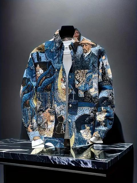 爆ヤス価格3390円★メンズストリートウェア - 長袖シャツ抽象油絵の刺繍 USAサイズM(日本サイズXL相当)ブルー&ゴールデン < 男性ファッション 爆ヤス価格3390円★メンズストリートウェア - 長袖シャツ抽象油絵の刺繍 USAサイズM(日本サイズXL相当)ブルー&ゴールデン < 男性ファッションの