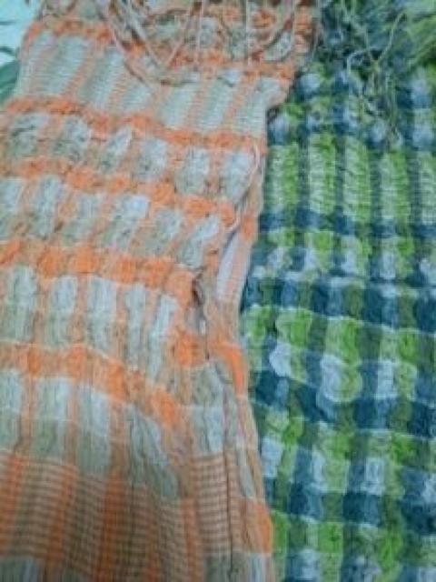 オレンジ黄緑チェックしわ加工フリンジビーズストール2点セット < 女性ファッション  オレンジ黄緑チェックしわ加工フリンジビーズストール2点セット < 女性ファッションの