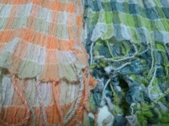 オレンジ黄緑チェックしわ加工フリンジビーズストール2点セット < 女性ファッション  オレンジ黄緑チェックしわ加工フリンジビーズストール2点セット < 女性ファッションの