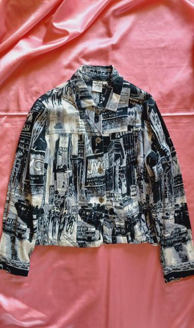 ★インポートU.S.A.★モノトーン白ホワイト黒ブラックグレーお洒落イラスト♪柔らか綿コットン長袖ジャケットGジャン < 女性ファッション  ★インポートU.S.A.★モノトーン白ホワイト黒ブラックグレーお洒落イラスト♪柔らか綿コットン長袖ジャケットGジャン < 女性ファッションの