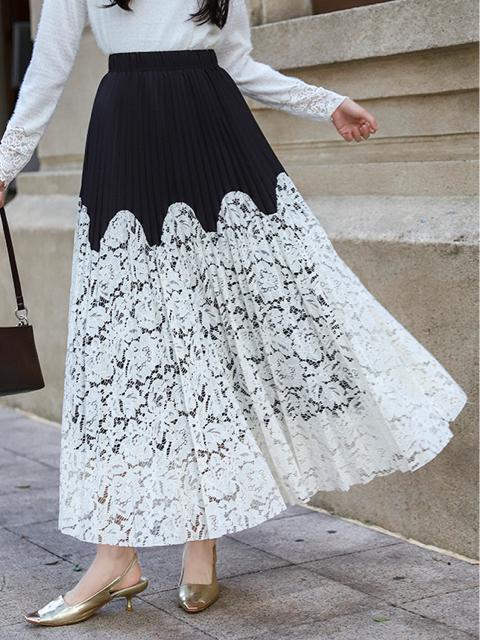 裏地付き レース切り替え プリーツ ロング丈スカート 大きいサイズ < 女性ファッション 裏地付き レース切り替え プリーツ ロング丈スカート 大きいサイズ < 女性ファッションの