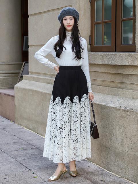 裏地付き レース切り替え プリーツ ロング丈スカート 大きいサイズ < 女性ファッション 裏地付き レース切り替え プリーツ ロング丈スカート 大きいサイズ < 女性ファッションの