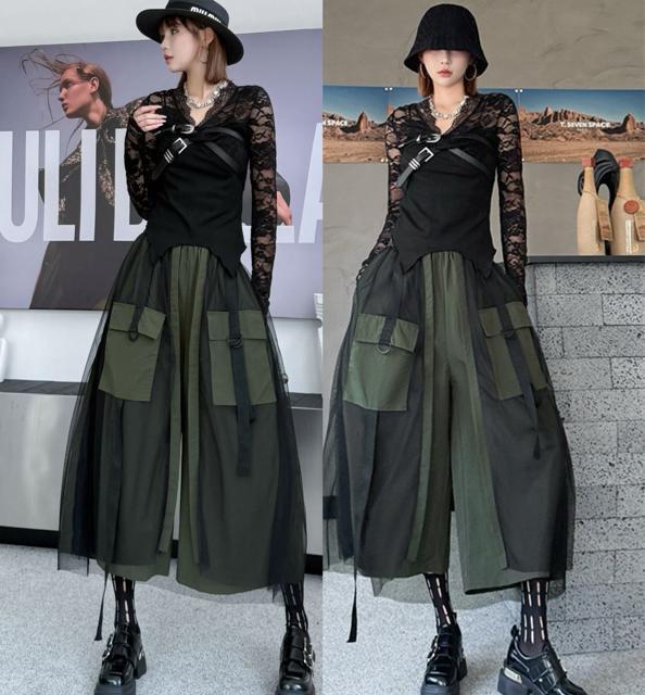 ワイドパンツ レース重ね ガウチョパンツ ウエストゴム カーキ 大きいサイズ < 女性ファッション ワイドパンツ レース重ね ガウチョパンツ ウエストゴム カーキ 大きいサイズ < 女性ファッションの