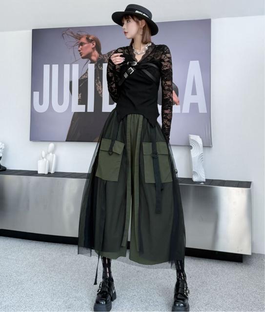 ワイドパンツ レース重ね ガウチョパンツ ウエストゴム カーキ 大きいサイズ < 女性ファッション ワイドパンツ レース重ね ガウチョパンツ ウエストゴム カーキ 大きいサイズ < 女性ファッションの