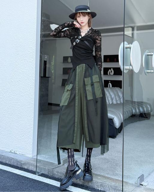 ワイドパンツ レース重ね ガウチョパンツ ウエストゴム カーキ 大きいサイズ < 女性ファッション ワイドパンツ レース重ね ガウチョパンツ ウエストゴム カーキ 大きいサイズ < 女性ファッションの