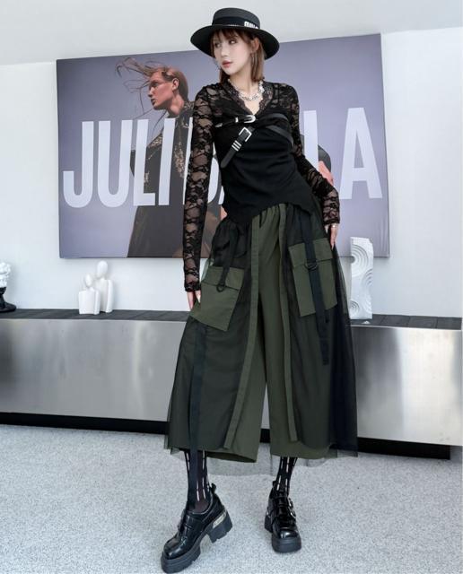 ワイドパンツ レース重ね ガウチョパンツ ウエストゴム カーキ 大きいサイズ < 女性ファッション ワイドパンツ レース重ね ガウチョパンツ ウエストゴム カーキ 大きいサイズ < 女性ファッションの